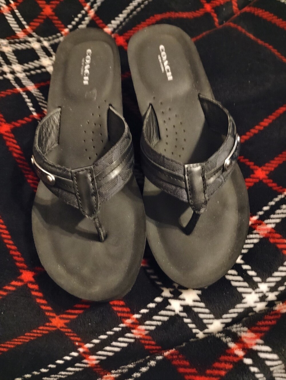 Black Coach Wedge Thong Sandals With Silver Hardware